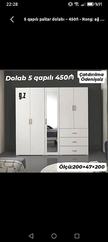 sade mebeller: 5 qapılı paltar dolabı – ağ rəng Ölçü: 200 × 47 × 200 sm Qiymət: 450₼ — 1
