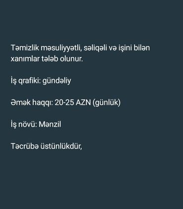 Tikiş: Xadimə tələb olunur, 18-29 yaş, 3-5 illik təcrübə, 6/1, Həftəlik ödəniş