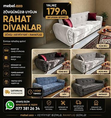 Divanlar: Divan, Yeni, Açılmayan, Bazasız, Vеlur parça, Şəhərdaxili pulsuz çatdırılma — 1
