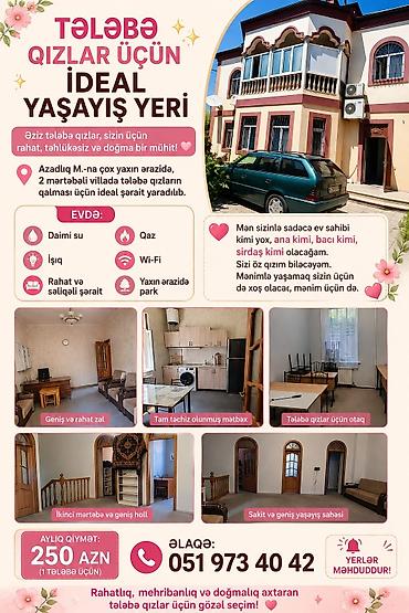 azadliq ev: Tələbə qızlar üçün yaşamaq yeri – Azadlıq m/s-ə çox yaxın ərazidə, 2 — 1