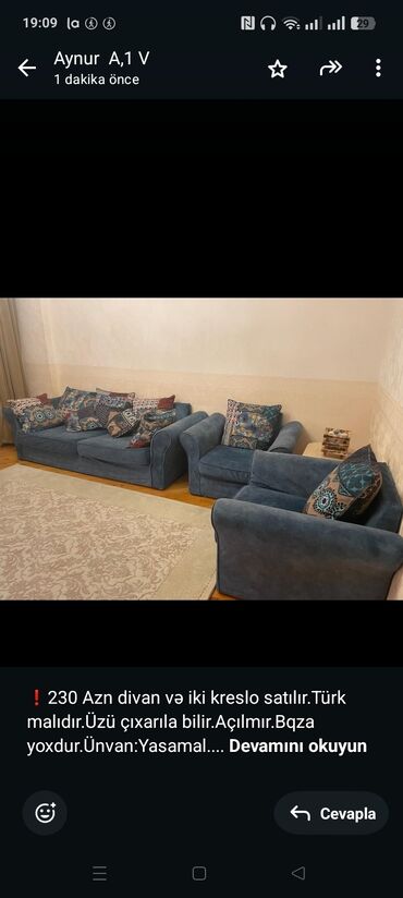 Restoran mebeli: ❗230 Azn divan və iki kreslo satılır.Türk malıdır.Üzü çıxarıla
