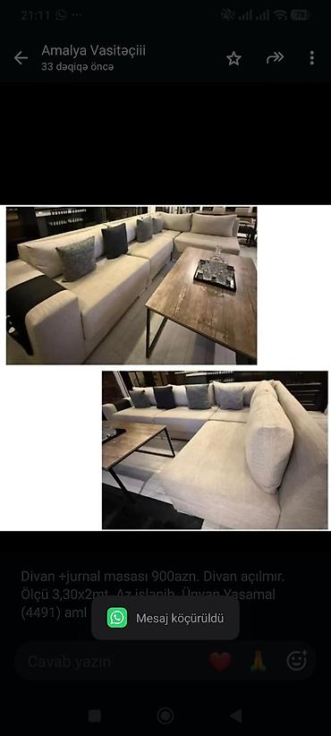 Divan +jurnal masası 900azn. Divan açılmır. Ölçü 3,30x2mt. Az işlənib