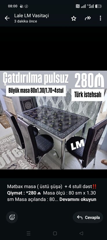 Mətbəx masa ( üstü şüşə) + 4 stull dəst‼️ *Qiymət : *280 ₼* Masa