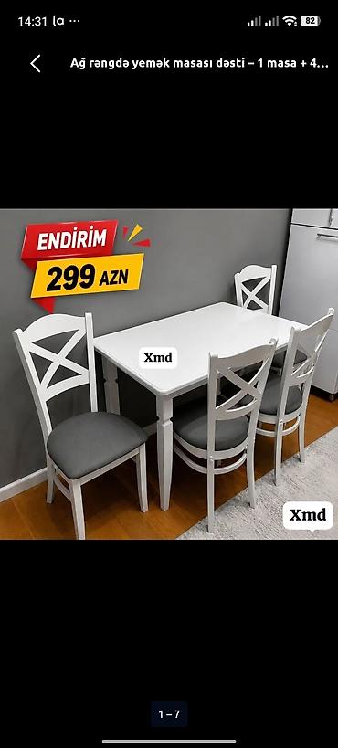 Mətbəx üçün, Yeni, Açılmayan, Dördbucaq masa, 4 stul