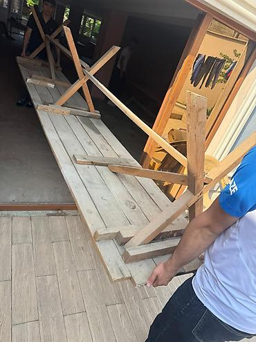 taxta çardaq çarpayı: Taxta uzun skamyalar və böyük taxta masa dəsti - Material: təbii — 2