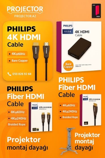 купить проэктор: PHILIPS HDMI kabelləri və proyektor montaj dayağı - 4K HDMI Cable -