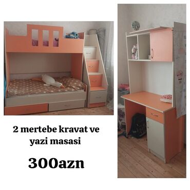 Yataq otağı dəstləri: Qız üçün, İşlənmiş, 2 təknəfərlik çarpayı, Yazı masası
