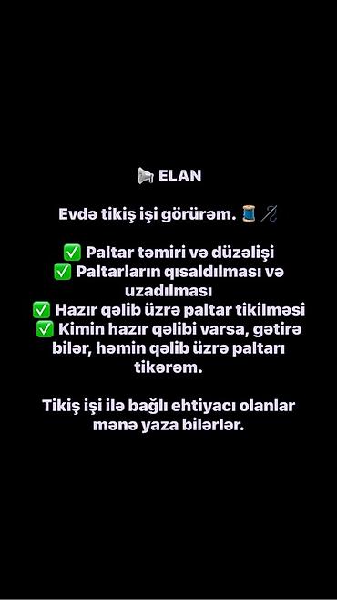 Ev şəraitində peşəkar tikiş xidməti - Paltarların təmiri və düzəlişi