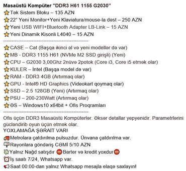 Masaüstü kompüterlər və iş stansiyaları: Masaüstü Kompüter "DDR3 H61 1155 G2030” ⭐Tək Sistem Bloku – 135 AZN -da lalafo.az — 2 Masaüstü kompüterlər və iş stansiyaları: Masaüstü Kompüter "DDR3 H61 1155 G2030” ⭐Tək Sistem Bloku – 135 AZN — 2