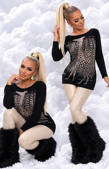 Tunike: Ženska tunika sa dugim rukavima – crna sa printom žirafe - Elegantna — 2