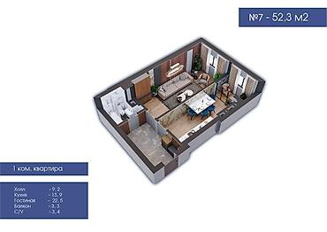 2 8: 2 комнаты, 53 м², Средний Джал Элитка, 8 этаж, ПСО (под самоотделку) — 4