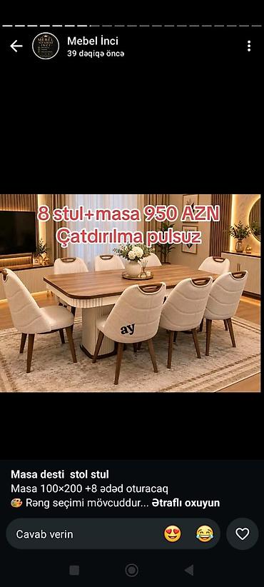 Masa dəsti – 1 masa + 8 stul - Ölçü: masa 100×200 sm - Komplekt: 8 lalafo.az -da Masa dəsti – 1 masa + 8 stul - Ölçü: masa 100×200 sm - Komplekt: 8