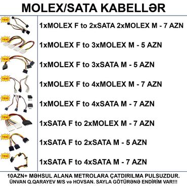 Masaüstü kompüterlər və iş stansiyaları: ⭐1xMolex Female to 3xMolex Male – 5 AZN ⭐1xMolex Female to 4xMolex