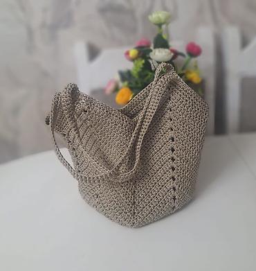 torba: Təbii rəngdə əl işı toxunma çanta - Material: qalın, möhkəm ip/sapla — 2