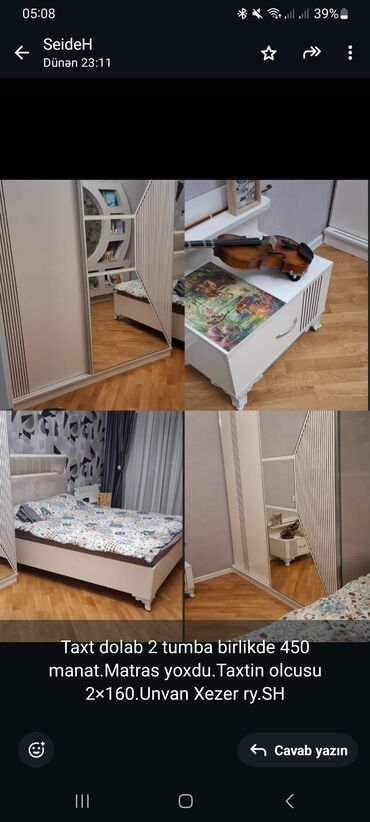 xəzər mebel: Taxt dolab 2 tumba birlikde 450 manat.Matras yoxdu.Taxtin olcusu