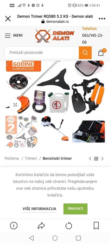 Ostali alati i mašine: Motor: dvotaktni, vazdušno hlađeni – Snaga: 5,2 Ks 3.8kw – Max obrtaj — 10