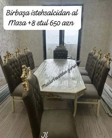 Masa və oturacaq dəstləri: Qonaq otağı üçün, Yeni, Açılmayan, Dördbucaq masa, 6 stul, Azərbaycan