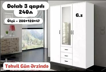 Шкафы: 3 qapılı paltar dolabı – ağ rəngdə, minimalistik dizayn. Ölçü: 200 × — 1