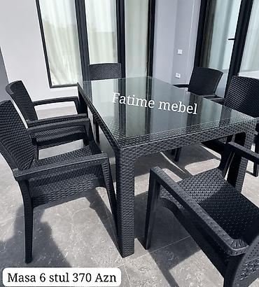 bag ucun masalar: Rattan üslubunda açıq məkan dəsti – 1 masa + 6 stul+şüşə daxil — 1