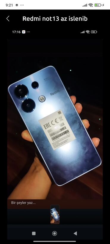 xiaomi redmi not 10: Redmi Note 13, 128 GB, rəng - Göy, Barmaq izi, Face ID