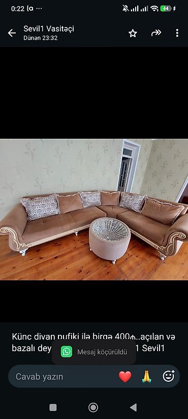 Künc divan pufiki ilə birgə 400₼. açılan və bazalı deyil.Ünvan lalafo.az -da Künc divan pufiki ilə birgə 400₼. açılan və bazalı deyil.Ünvan