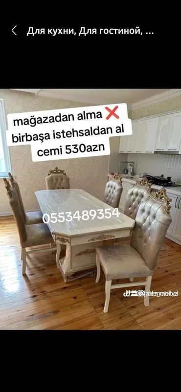 masaustu destler: Mətbəx üçün, Qonaq otağı üçün, Yeni, Açılmayan, Dördbucaq masa, 6 stul