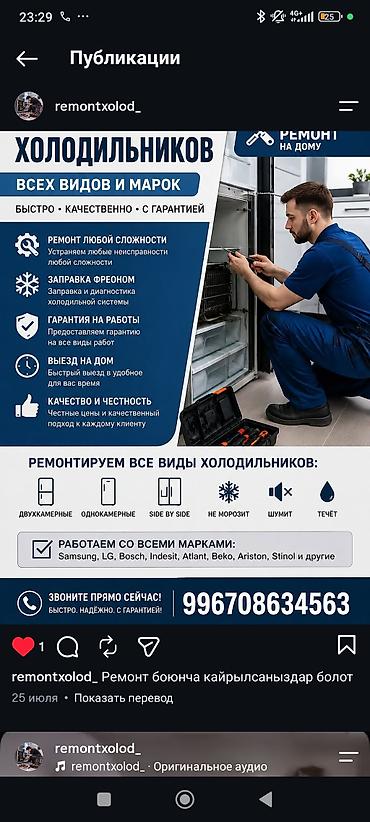 Ремонт холодильников всех видов и марок на дому. Выполняется ремонт