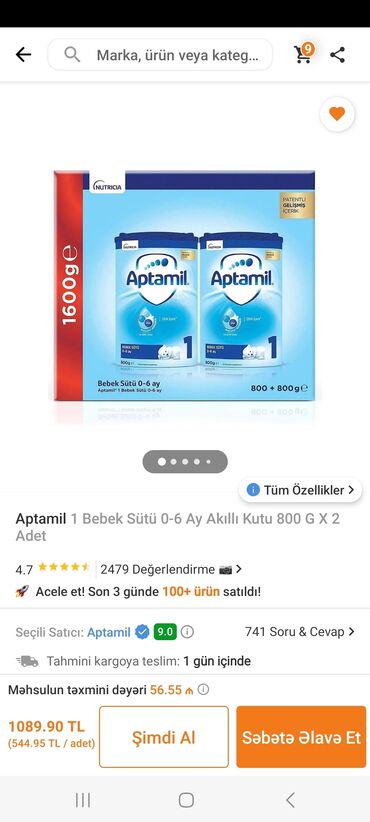 Uşaqlar üçün digər mallar: Aptamil 1(0-6 ay) satilir. Agzi hec acilmayib. Trendyoldan sifaris