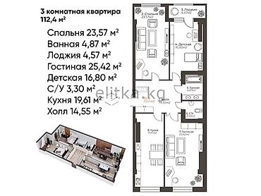 срочно срочно продаю: 3 комнаты, 113 м², Кок-Жар ж/м Элитка, 4 этаж, ПСО (под самоотделку) — 2
