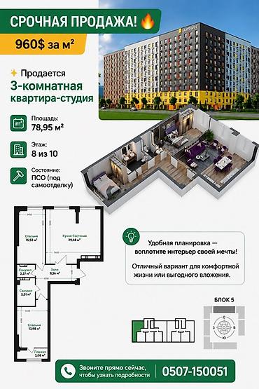 8: 3 комнаты, 78 м², 8 этаж, ПСО (под самоотделку) — 1