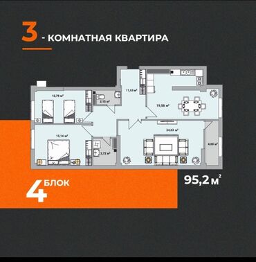 квартира 7 мкрн: 3 комнаты, 95 м², Элитка, 5 этаж, ПСО (под самоотделку)