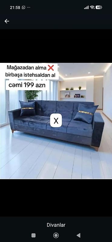 3 nəfərlik yumşaq divan - Rəng: tünd mavi (velur tipli parça) - Düz