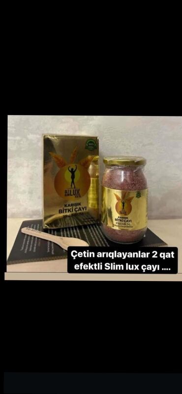 Çay: Slim Lux qarışıq bitki çayı, qablaşdırılmış formada. Qızılı rəngli