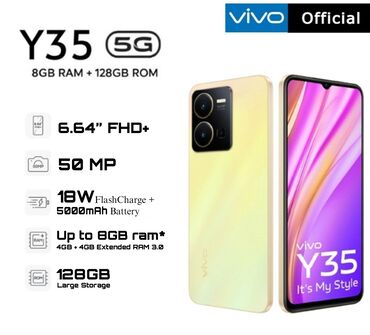 телефон fly ezzy 8: Vivo Y35 5G, 128 GB, rəng - Qızılı, İki sim kartlı, Zəmanət, Barmaq izi