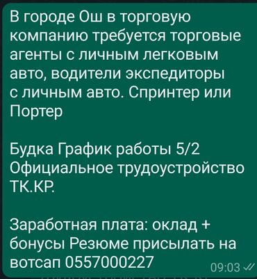 ишке работу: В городе Ош в торговую компанию требуется торговые агенты с личным