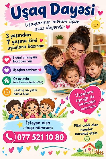 eve temizlik telen olunur: Uşaq dayəsi xidməti - 3 yaşdan 7 yaşa qədər uşaqlara baxılır - 3 oğul — 1