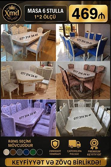domax mebel: Masa və 6 stul dəsti – 1×2 ölçü - Klassik dizaynlı, dekorativ oyma — 1