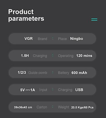 sac ucun moyka: Trimmer VGR 971 - 600mAh / 120 Dəqiqə / 1 Sürət 5500RPM / Cord/Cordles — 6