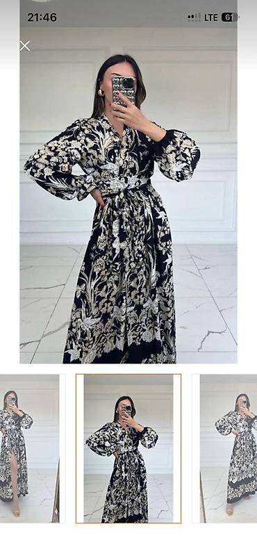 Qara rəng üzərində krem-ağ floral printli uzun don. - Model: maxi