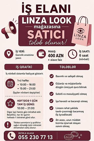 satici is: Satış məsləhətçisi tələb olunur, Yalnız qadınlar üçün, İstənilən yaş, Təcrübəsiz, Aylıq ödəniş — 1