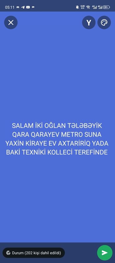 Mənzil kirayələyirəm: Salam telebeyik iki neferik qara Qarayev metrosu terefde yada baki