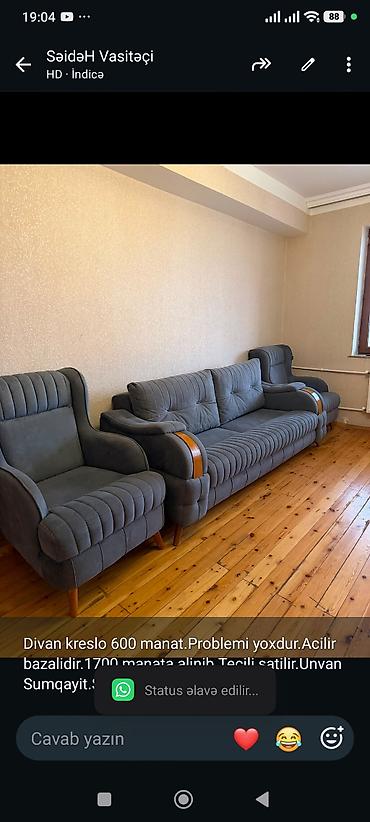 Divan kreslo 600 manat.Problemi yoxdur.Acilir bazalidir.1700 manata