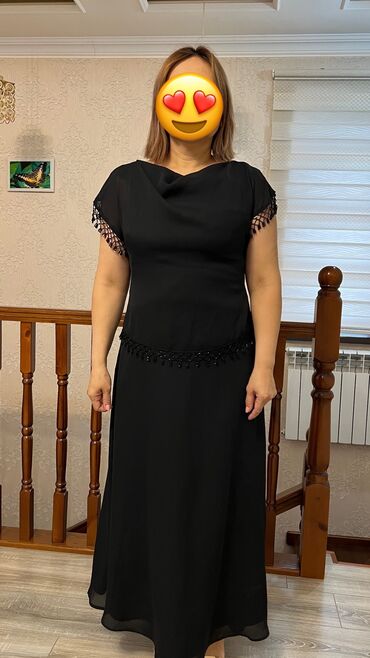 длинное черное платье в пол: Вечернее платье, Длинная модель, Без рукавов, Камни, XL (EU 42)