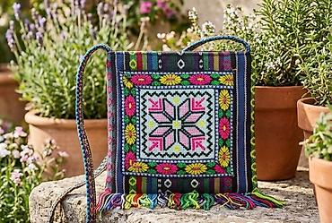 materijal za vez: Ručna torbica sa etno vezom i šarenim resama - Materijal: tkana — 1