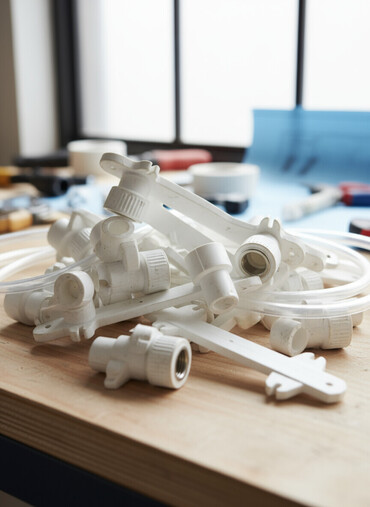 фитинги для пластиковых труб: Белые пластиковые фитинги для водопроводных систем. Предназначены для