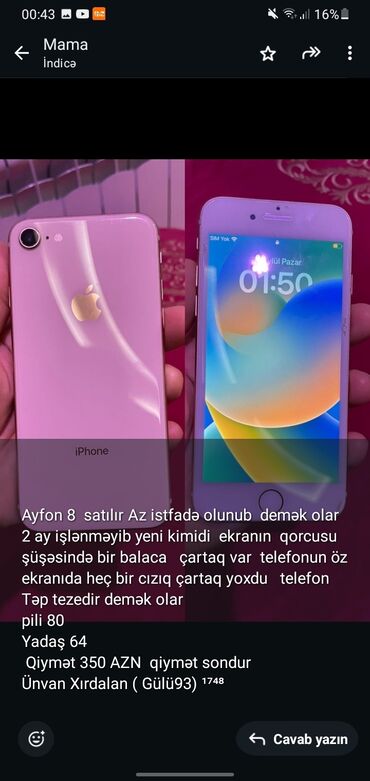 işdənmiş telefonlar: IPhone 8, 64 GB, Rose Gold, Face ID