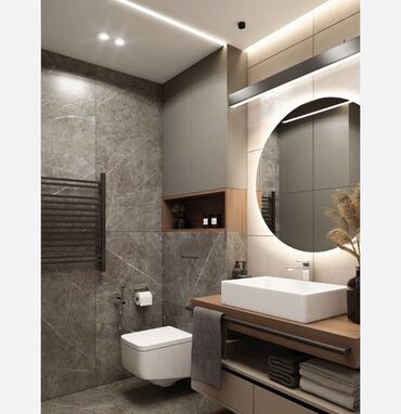 Duş kabinaları, arakəsmələr: Mərmər dizaynlı sanitar qovşaqların tam təmiri və yığılması xidməti — 12