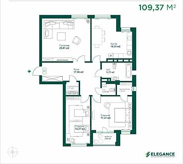 Квартиры: 3 комнаты, 110 м², Кок-Жар мкр 12 этаж, Евроремонт — 5