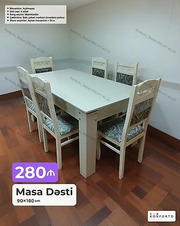 Masa Dəsti – 90×160 sm Xüsusiyyətlər: - Komplekt: 1 masa + 6 stul -