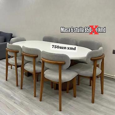 gul sekilleri: Oval yemək masası + 6 ədəd stul dəsti. Xüsusiyyətlər: - Masa: oval — 1